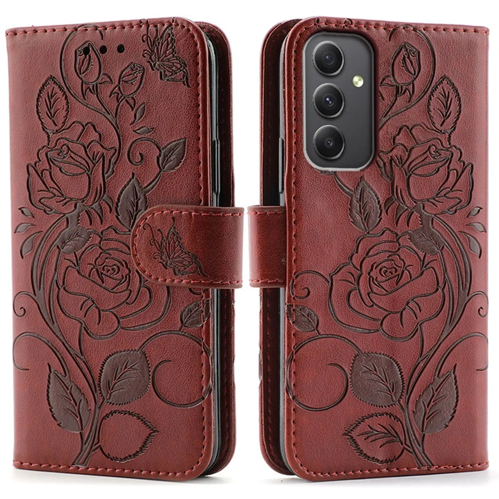 For Samsung Galaxy A35 5G Case Wallet Stand Imprinted Rose Butterfly PU Leather Phone Cover - Brown - 1