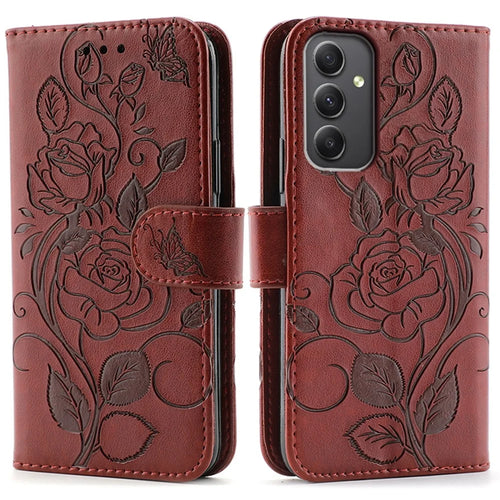 For Samsung Galaxy A35 5G Case Wallet Stand Imprinted Rose Butterfly PU Leather Phone Cover - Brown - 1