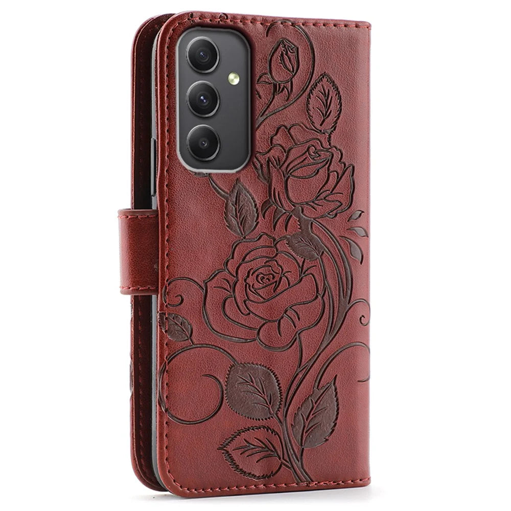 For Samsung Galaxy A35 5G Case Wallet Stand Imprinted Rose Butterfly PU Leather Phone Cover - Brown - 5