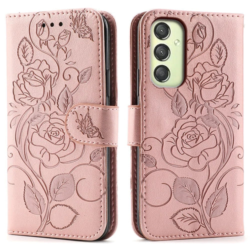 For Samsung Galaxy A36 5G Case Wallet Stand Imprinted Rose Butterfly PU Leather Phone Cover - Rose Gold - 1