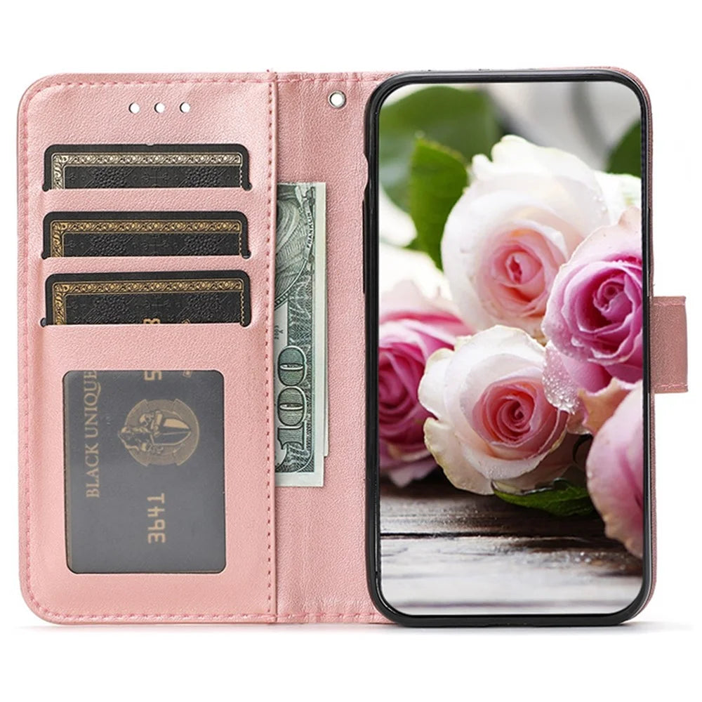 For Samsung Galaxy A36 5G Case Wallet Stand Imprinted Rose Butterfly PU Leather Phone Cover - Rose Gold - 2