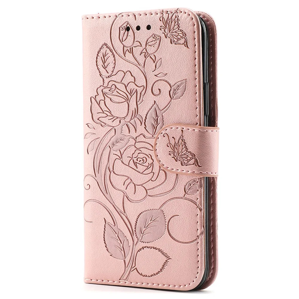 For Samsung Galaxy A36 5G Case Wallet Stand Imprinted Rose Butterfly PU Leather Phone Cover - Rose Gold - 4