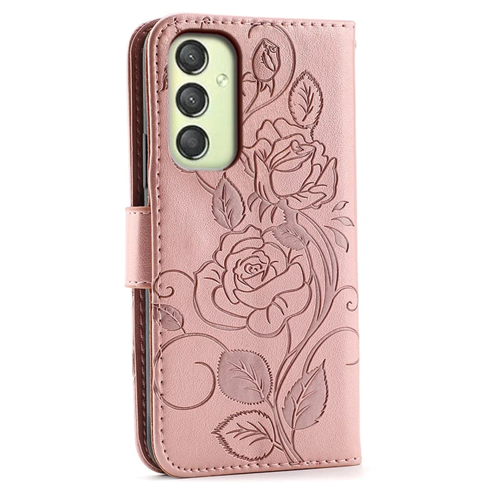 For Samsung Galaxy A36 5G Case Wallet Stand Imprinted Rose Butterfly PU Leather Phone Cover - Rose Gold - 5