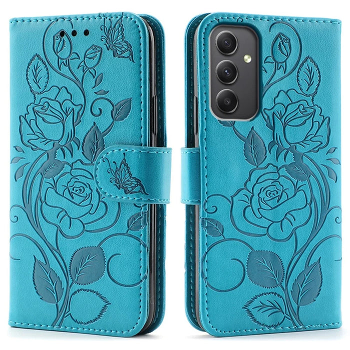 For Samsung Galaxy A55 5G Case Wallet Stand Imprinted Rose Butterfly PU Leather Phone Cover - Blue - 1