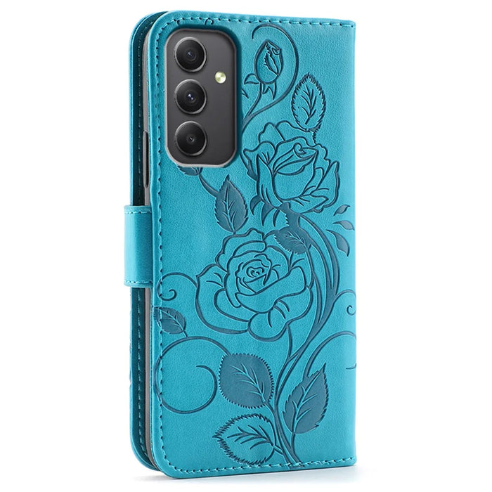 For Samsung Galaxy A55 5G Case Wallet Stand Imprinted Rose Butterfly PU Leather Phone Cover - Blue - 5