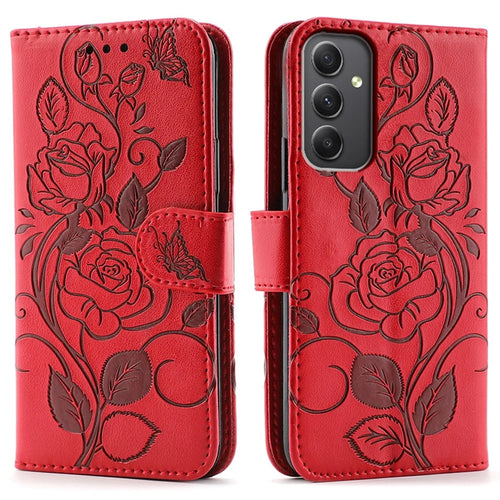 For Samsung Galaxy A56 5G / M56 5G Case Wallet Stand Imprinted Rose Butterfly PU Leather Phone Cover - Red - 1
