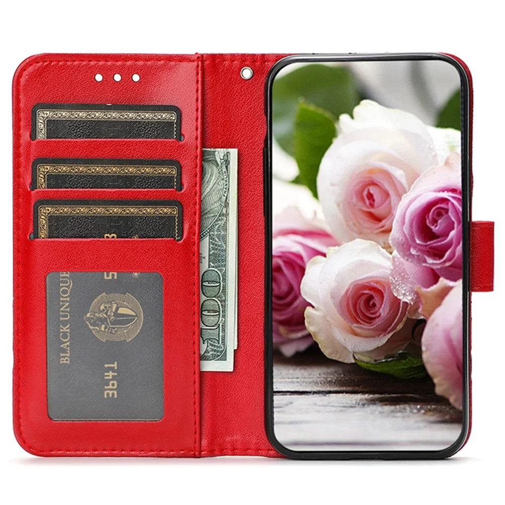 For Samsung Galaxy A56 5G / M56 5G Case Wallet Stand Imprinted Rose Butterfly PU Leather Phone Cover - Red - 2