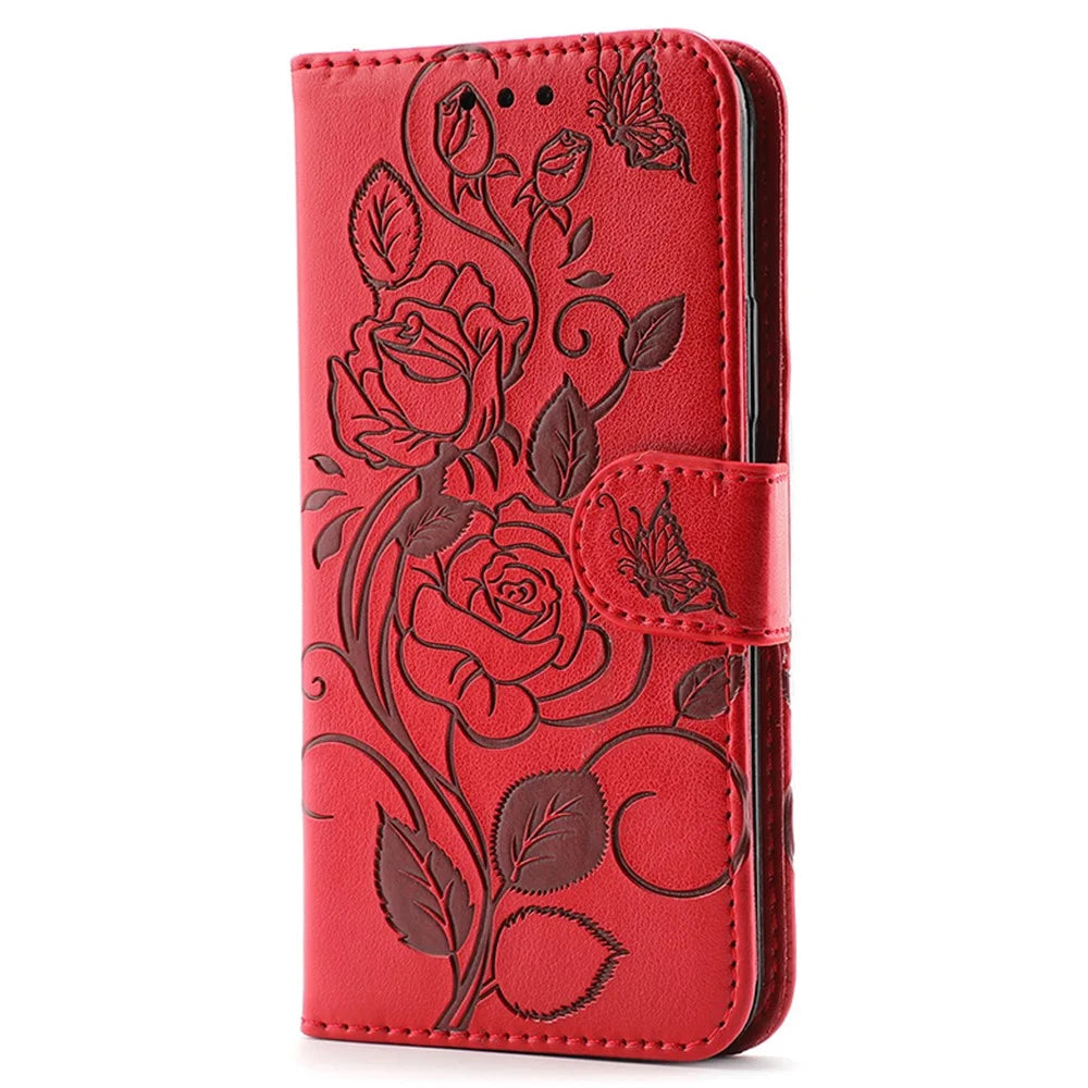 For Samsung Galaxy A56 5G / M56 5G Case Wallet Stand Imprinted Rose Butterfly PU Leather Phone Cover - Red - 4