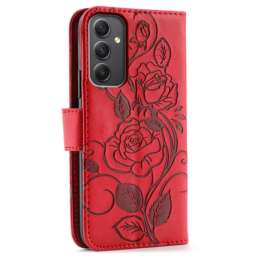For Samsung Galaxy A56 5G / M56 5G Case Wallet Stand Imprinted Rose Butterfly PU Leather Phone Cover - Red - 5