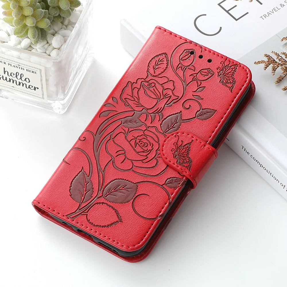 For Samsung Galaxy A56 5G / M56 5G Case Wallet Stand Imprinted Rose Butterfly PU Leather Phone Cover - Red - 6