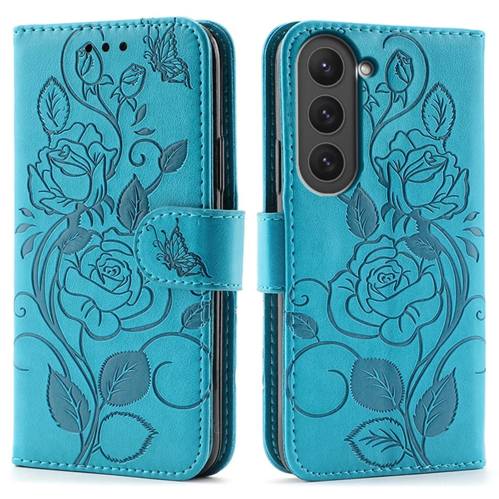 For Samsung Galaxy S23 Case Wallet Stand Imprinted Rose Butterfly PU Leather Phone Cover - Blue - 1