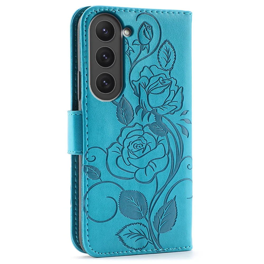 For Samsung Galaxy S23 Case Wallet Stand Imprinted Rose Butterfly PU Leather Phone Cover - Blue - 5