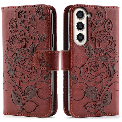 For Samsung Galaxy S23+ Case Wallet Stand Imprinted Rose Butterfly PU Leather Phone Cover - Brown - 1
