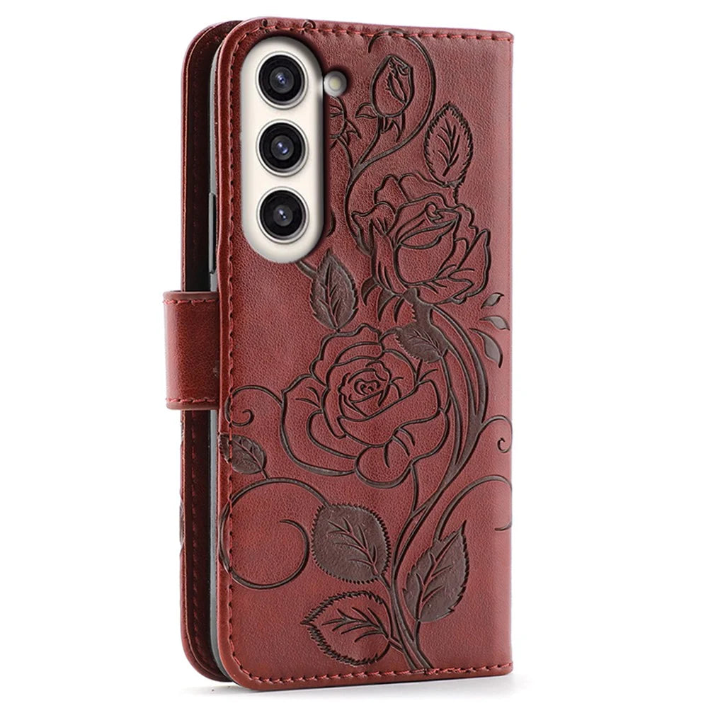 For Samsung Galaxy S23+ Case Wallet Stand Imprinted Rose Butterfly PU Leather Phone Cover - Brown - 5