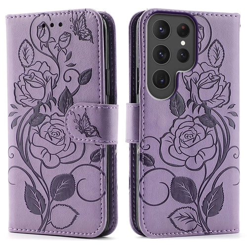 For Samsung Galaxy S23 Ultra Case Wallet Stand Imprinted Rose Butterfly PU Leather Phone Cover - Purple - 1
