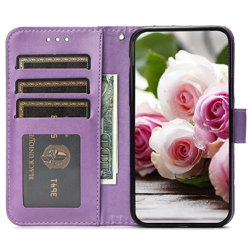 For Samsung Galaxy S23 Ultra Case Wallet Stand Imprinted Rose Butterfly PU Leather Phone Cover - Purple - 2