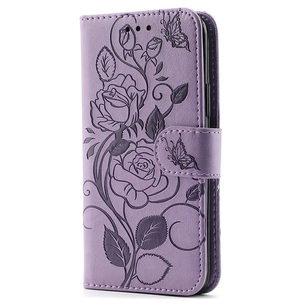 For Samsung Galaxy S23 Ultra Case Wallet Stand Imprinted Rose Butterfly PU Leather Phone Cover - Purple - 4