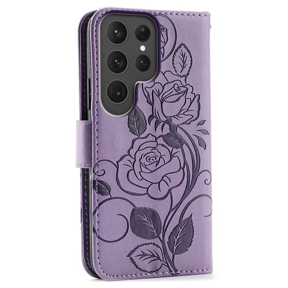 For Samsung Galaxy S23 Ultra Case Wallet Stand Imprinted Rose Butterfly PU Leather Phone Cover - Purple - 5
