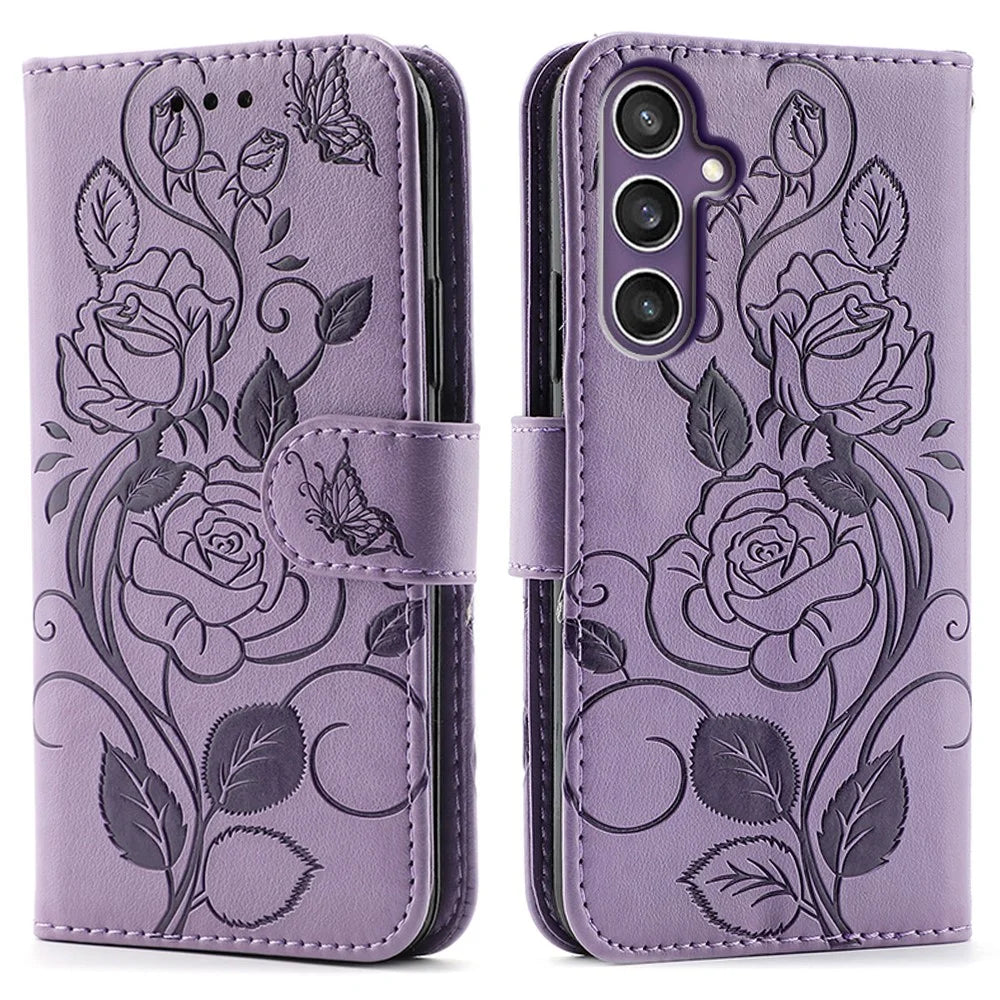 For Samsung Galaxy S25 / S24 Case Wallet Stand Imprinted Rose Butterfly PU Leather Phone Cover - Purple - 1