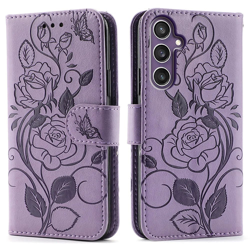 For Samsung Galaxy S25 / S24 Case Wallet Stand Imprinted Rose Butterfly PU Leather Phone Cover - Purple - 1