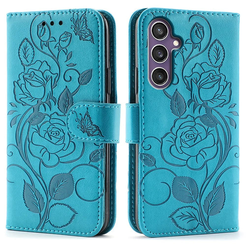 For Samsung Galaxy S25+ / S24+ Case Wallet Stand Imprinted Rose Butterfly PU Leather Phone Cover - Blue - 1