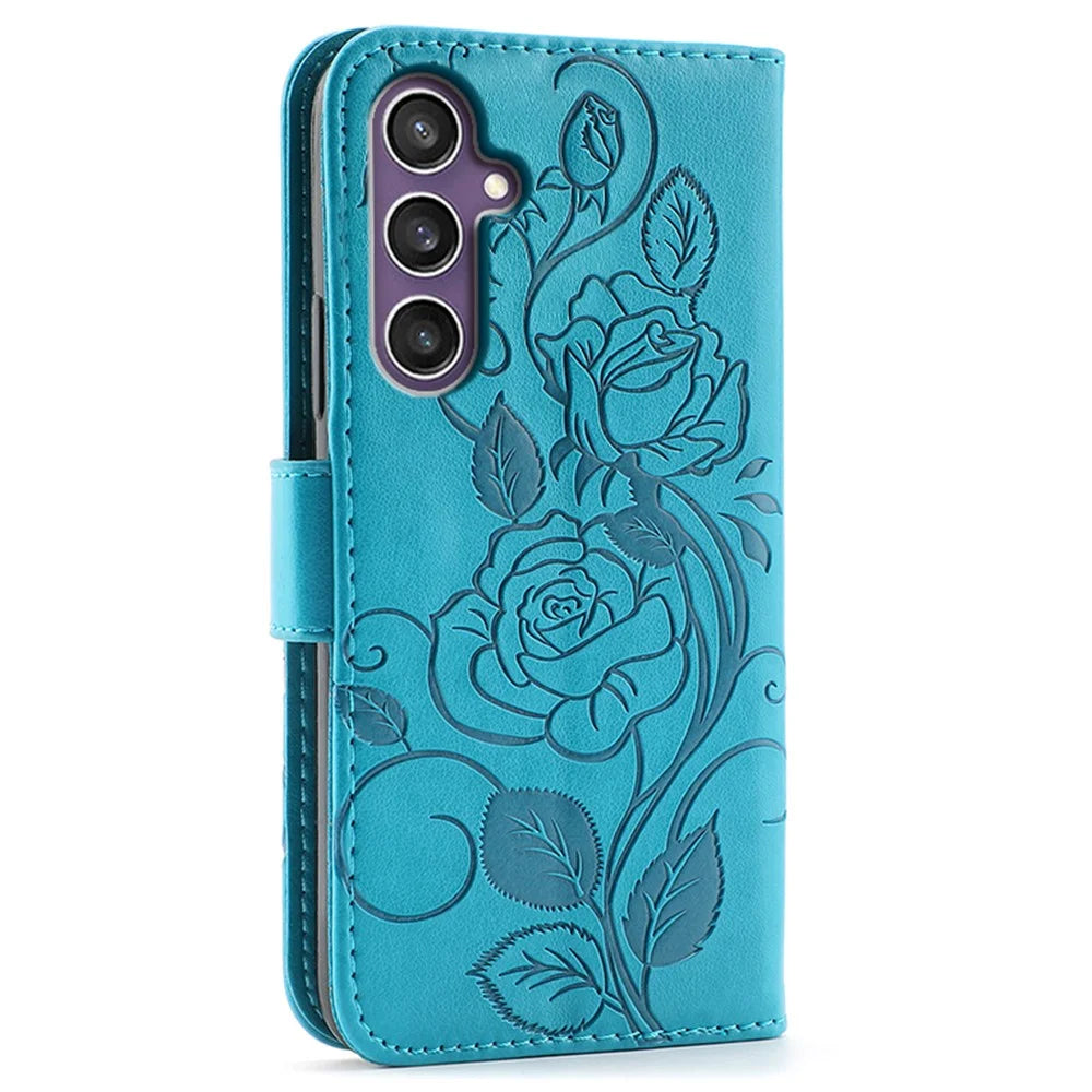 For Samsung Galaxy S25+ / S24+ Case Wallet Stand Imprinted Rose Butterfly PU Leather Phone Cover - Blue - 5