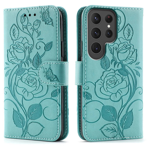 For Samsung Galaxy S24 Ultra Case Wallet Stand Imprinted Rose Butterfly PU Leather Phone Cover - Green - 1