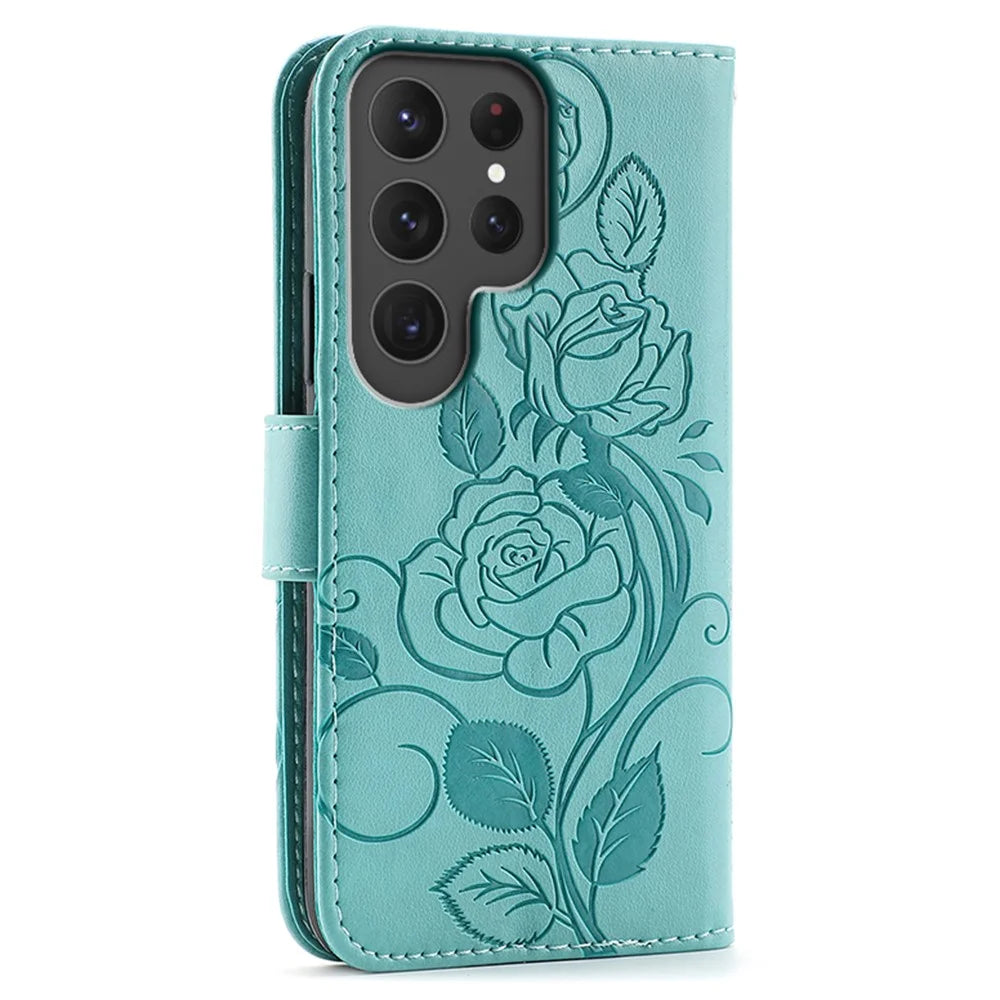 For Samsung Galaxy S24 Ultra Case Wallet Stand Imprinted Rose Butterfly PU Leather Phone Cover - Green - 5