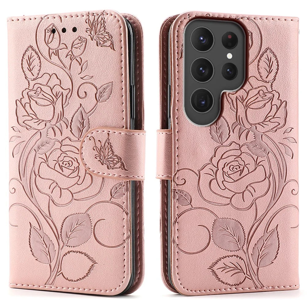 For Samsung Galaxy S25 Ultra Case Wallet Stand Imprinted Rose Butterfly PU Leather Phone Cover - Rose Gold - 1