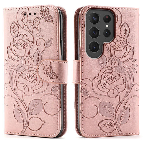 For Samsung Galaxy S25 Ultra Case Wallet Stand Imprinted Rose Butterfly PU Leather Phone Cover - Rose Gold - 1