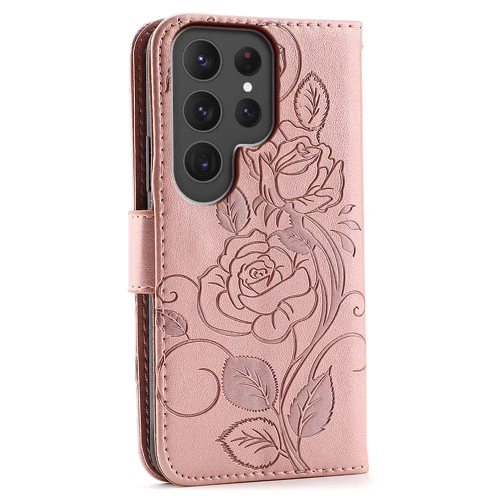 For Samsung Galaxy S25 Ultra Case Wallet Stand Imprinted Rose Butterfly PU Leather Phone Cover - Rose Gold - 5