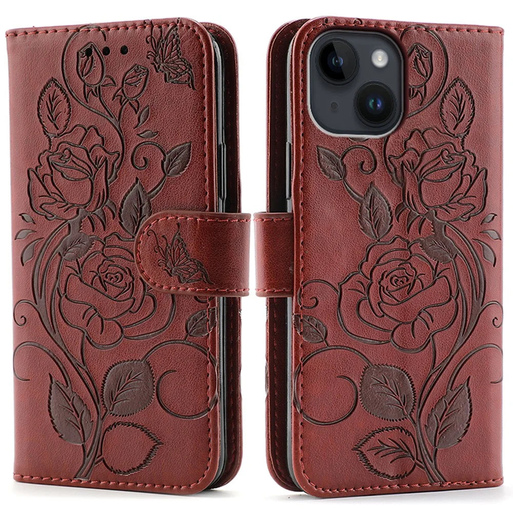 For iPhone 14 Case Wallet Stand Imprinted Rose Butterfly PU Leather Phone Cover - Brown - 1
