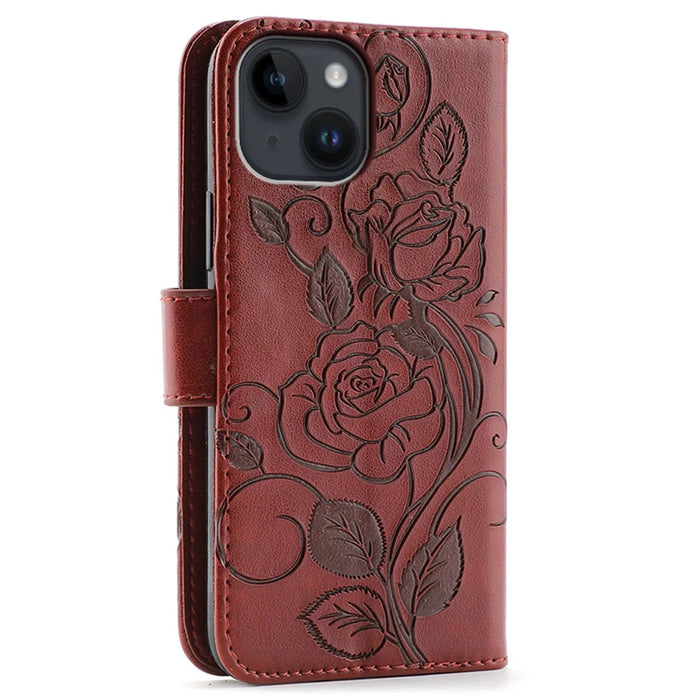 For iPhone 14 Case Wallet Stand Imprinted Rose Butterfly PU Leather Phone Cover - Brown - 5