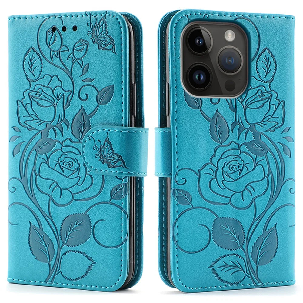 For iPhone 14 Pro Case Wallet Stand Imprinted Rose Butterfly PU Leather Phone Cover - Blue - 1