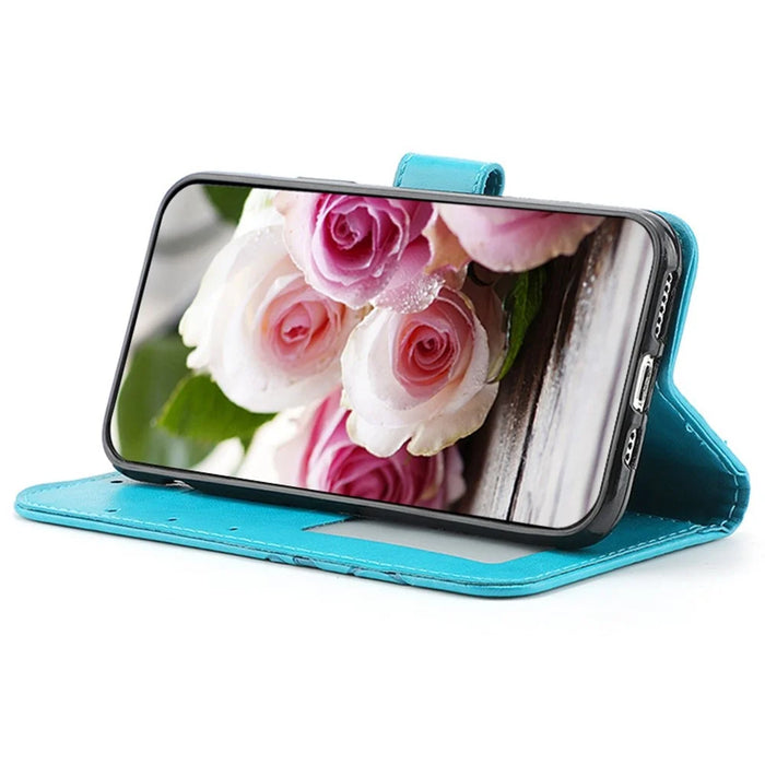 For iPhone 14 Pro Case Wallet Stand Imprinted Rose Butterfly PU Leather Phone Cover - Blue - 3