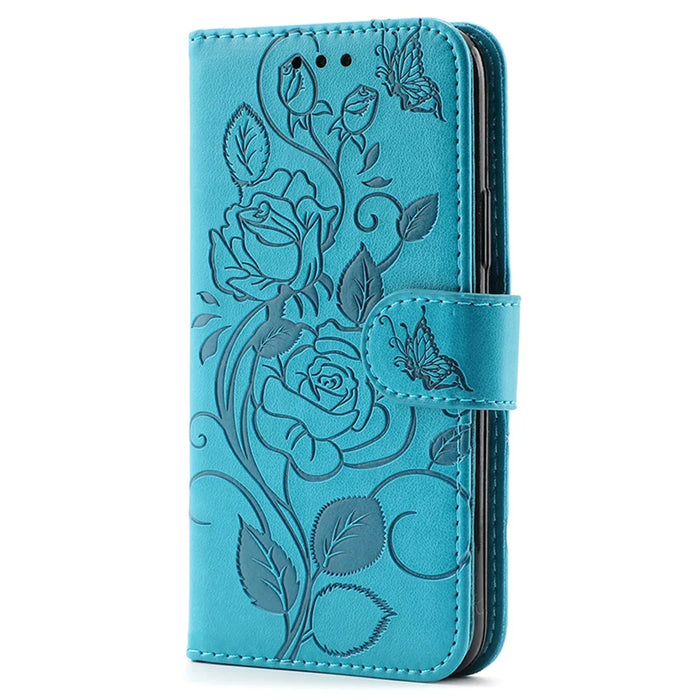 For iPhone 14 Pro Case Wallet Stand Imprinted Rose Butterfly PU Leather Phone Cover - Blue - 4