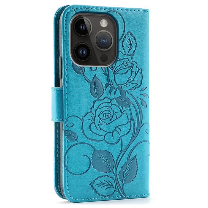 For iPhone 14 Pro Case Wallet Stand Imprinted Rose Butterfly PU Leather Phone Cover - Blue - 5