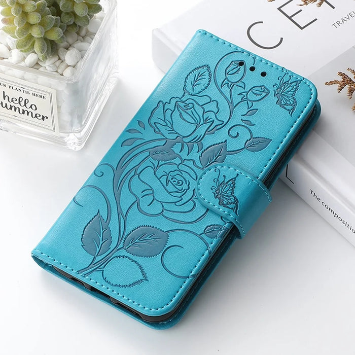 For iPhone 14 Pro Case Wallet Stand Imprinted Rose Butterfly PU Leather Phone Cover - Blue - 6