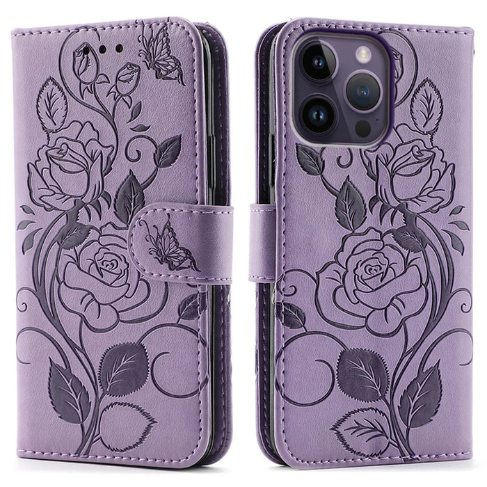 For iPhone 14 Pro Max Case Wallet Stand Imprinted Rose Butterfly PU Leather Phone Cover - Purple - 1