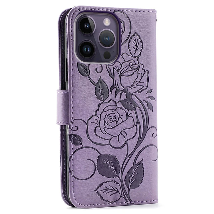 For iPhone 14 Pro Max Case Wallet Stand Imprinted Rose Butterfly PU Leather Phone Cover - Purple - 5