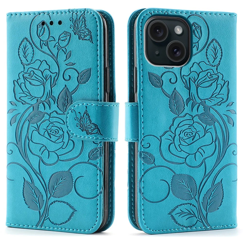 For iPhone 15 Case Wallet Stand Imprinted Rose Butterfly PU Leather Phone Cover - Blue - 1