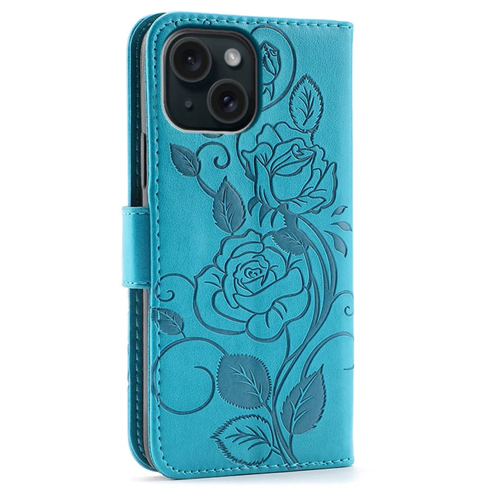 For iPhone 15 Case Wallet Stand Imprinted Rose Butterfly PU Leather Phone Cover - Blue - 5