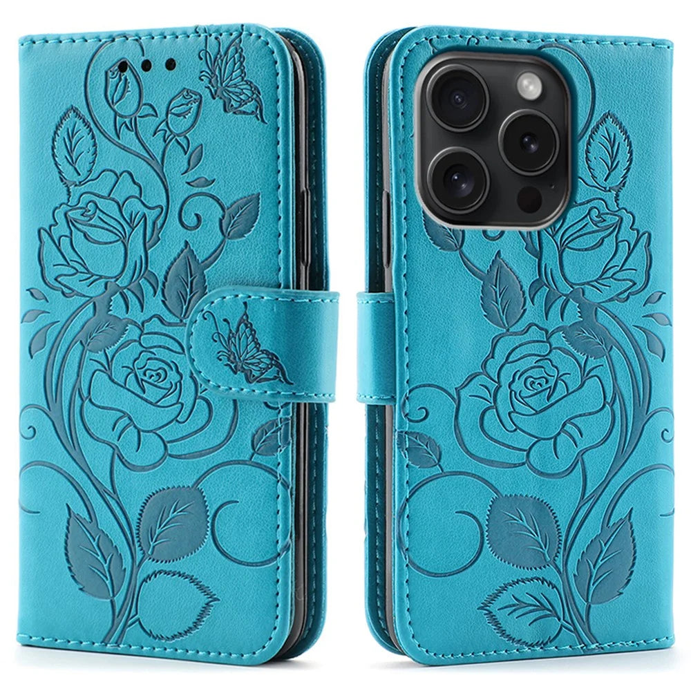 For iPhone 15 Pro Case Wallet Stand Imprinted Rose Butterfly PU Leather Phone Cover - Blue - 1