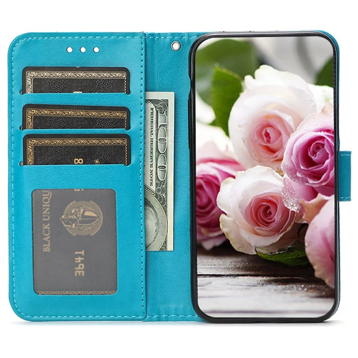 For iPhone 15 Pro Case Wallet Stand Imprinted Rose Butterfly PU Leather Phone Cover - Blue - 2