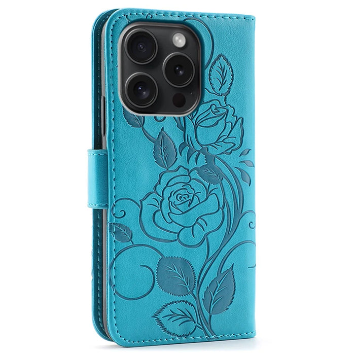 For iPhone 15 Pro Case Wallet Stand Imprinted Rose Butterfly PU Leather Phone Cover - Blue - 5