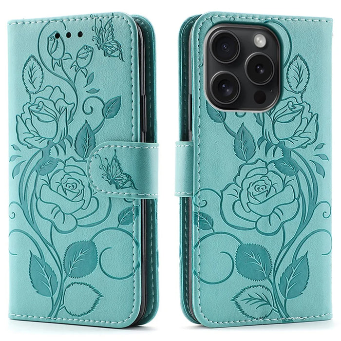 For iPhone 15 Pro Max Case Wallet Stand Imprinted Rose Butterfly PU Leather Phone Cover - Green - 1