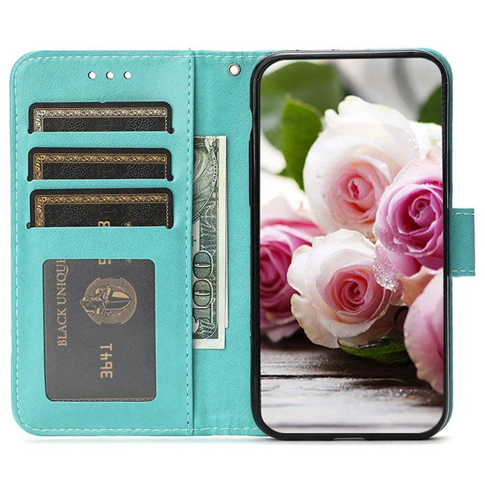 For iPhone 15 Pro Max Case Wallet Stand Imprinted Rose Butterfly PU Leather Phone Cover - Green - 2
