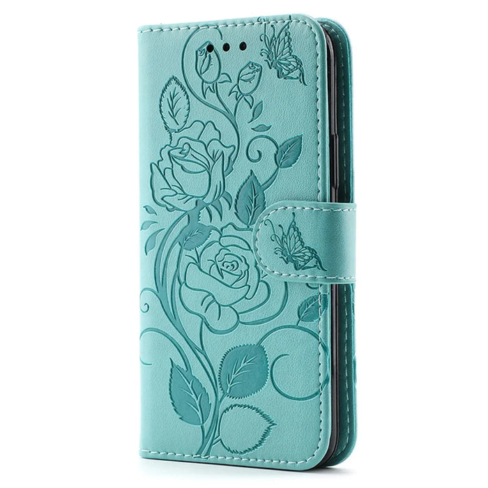 For iPhone 15 Pro Max Case Wallet Stand Imprinted Rose Butterfly PU Leather Phone Cover - Green - 4