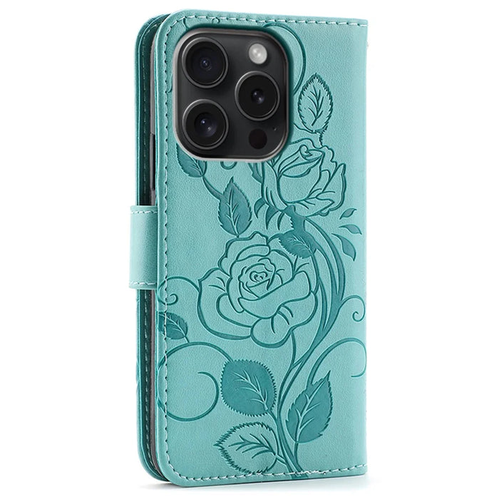 For iPhone 15 Pro Max Case Wallet Stand Imprinted Rose Butterfly PU Leather Phone Cover - Green - 5