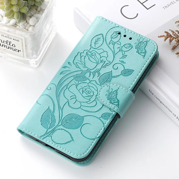 For iPhone 15 Pro Max Case Wallet Stand Imprinted Rose Butterfly PU Leather Phone Cover - Green - 6